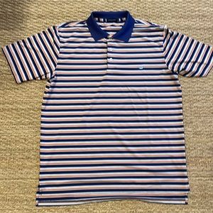 Southern Marsh performance polo. Blue, grey, orange stripes. Size M